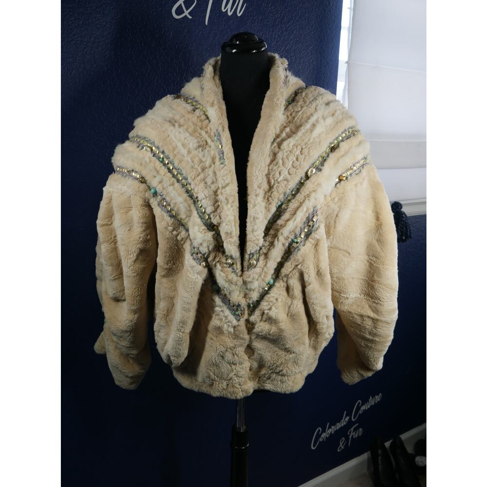 Designer Kip Kirkendall Sheared Beaver & Fox Fur Coat Jacket  w/ stones, shells
